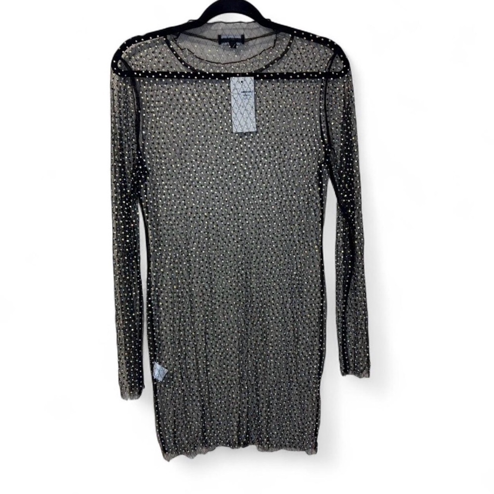 Hot & Delicious Long Sleeve Black Mesh Mini Dress With Rhinestones Size Large